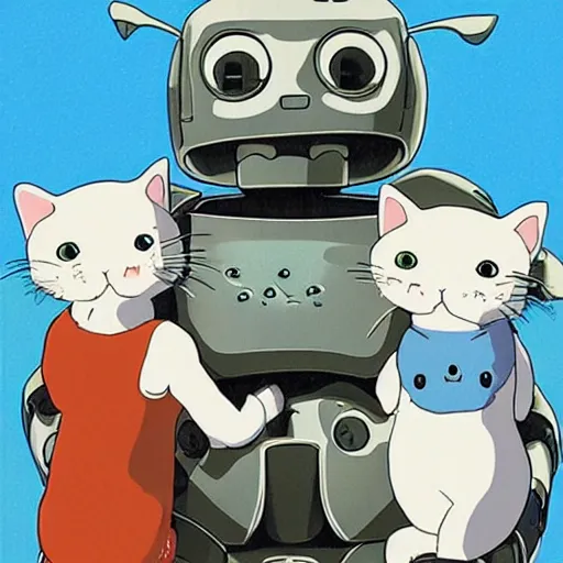 Prompt: a robot cuddling kittens, by studio ghibli