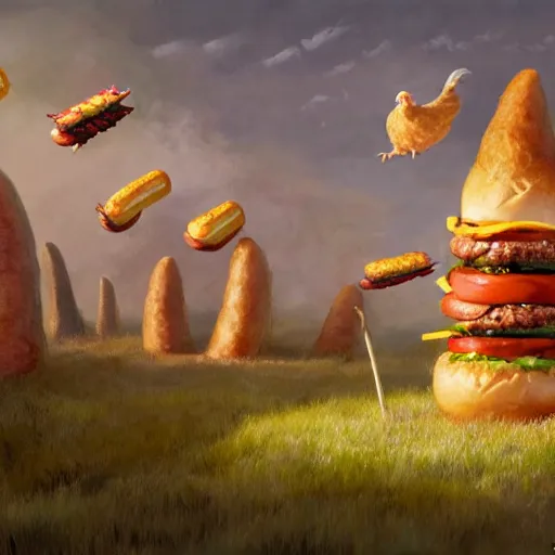 Prompt: a wizard's tower standing alone in a circle of hot dogs, meadow, plains full of burgers, wizard tower, golden chicken nuggets, golden french fries, fantasy, artwork by Marc Simonetti, artwork by Ted Nasmith, Ted Nasmith and Marc Simonetti, 8K, D&D concept art, D&D wallpaper