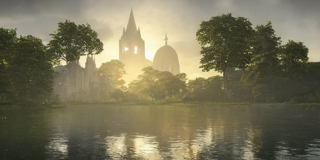 Prompt: a stunningly detailed cathedral designed by Le Corbusier, surrounded by lush green forest, ponds of water, stunning volumetric lighting, sunset, metal, concrete, glass, stunning skies, trending on Artstation, 8k, photorealistic, hyper detailed, unreal engine 5, IMAX quality, cinematic, epic lighting, in the style of Greg Rutkowski