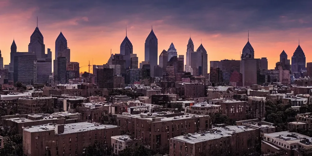 Image similar to post-apocalyptic philadelphia skyline at sunset, realistic