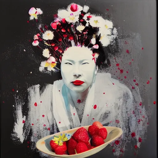 Image similar to “art in an Australian artist’s apartment, portrait of a woman wearing stained white cotton cloth, stained by fresh raspberries and strawberries and blueberries, white wax, edible flowers, Japanese pottery, Australian native white and red flowers ikebana, black walls, acrylic and spray paint and oilstick on canvas”