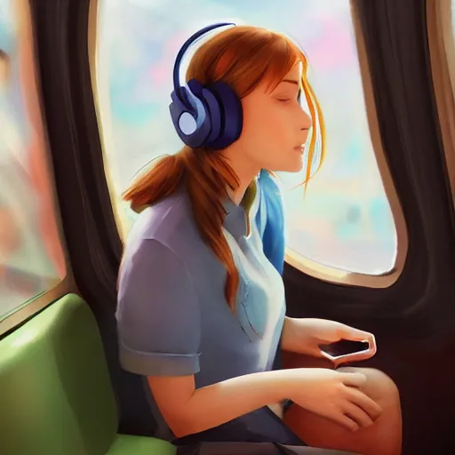 Prompt: a JK Girl listening to music on the bus, artstation, professional, very detail