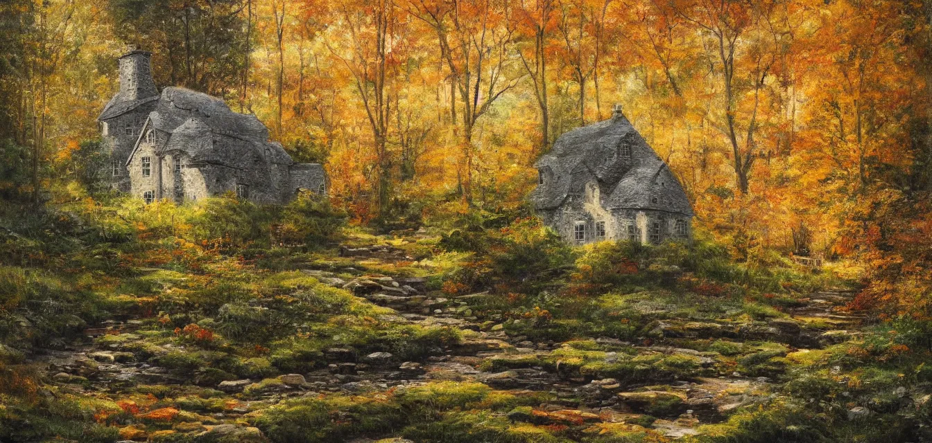 Image similar to a painting of sparse stone cottages underneath a dense tall forest, with pristine reflex from cascading ponds. gorgeous, elegant, sophisticated, an ultrafine painting, intricate brush strokes, bright depth oil colors, photography by araken alcantara. intense promiseful happiness, autumn sunrise warm light, detailed and intricate environment. hopeful. bodyscapes