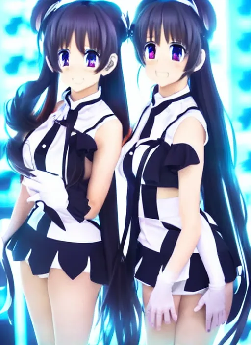 Image similar to two beautiful mature idols performing on stage, twintails, gorgeous faces, smooth, thick lines, cinematic lighting, detailed anime art