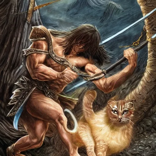 Prompt: highly detailed fantasy art of a weak and skinny conan the barbarian fighting a malnourished kitten