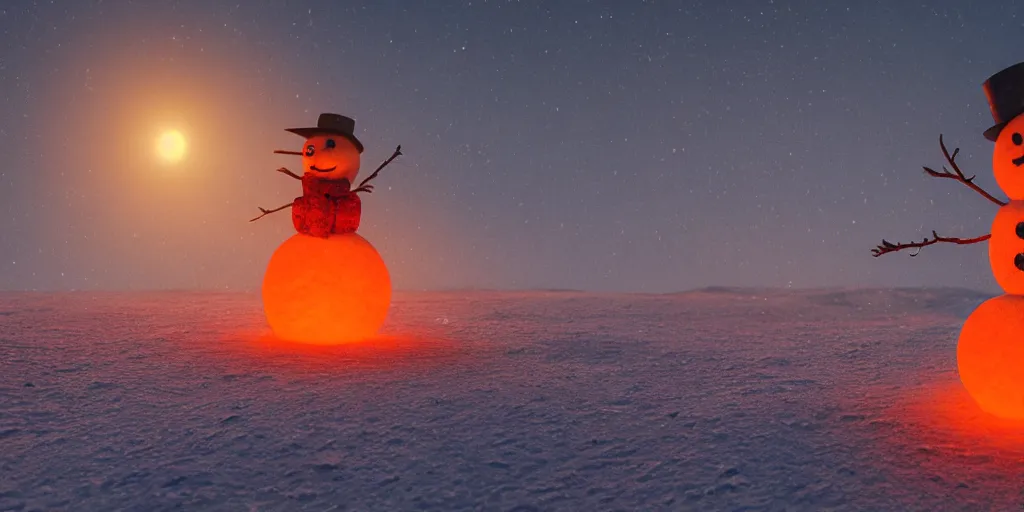 Image similar to a snowman standing on top of the sun. the ground is made of fire and lava and is glowing orange. cinematic, dramatic, volumetric lighting, atmospheric, red, orange extremely coherent, 8 k, space