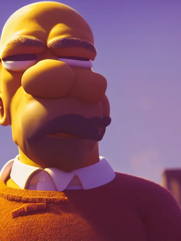 Image similar to portrait art of Homer Simpson, 8k, ultra realistic , lens flare, atmosphere, glow, detailed, intricate, full of colour, cinematic lighting, trending on artstation, 4k, hyperrealistic, focused, extreme details, unreal engine 5, cinematic, masterpiece