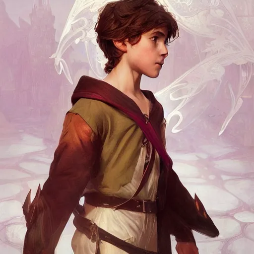 Prompt: young boy, song of peter pan and captain hook, gorgeous, amazing, feminine, elegant, intricate, highly detailed, digital painting, artstation, concept art, sharp focus, illustration, art by artgerm and greg rutkowski and alphonse mucha