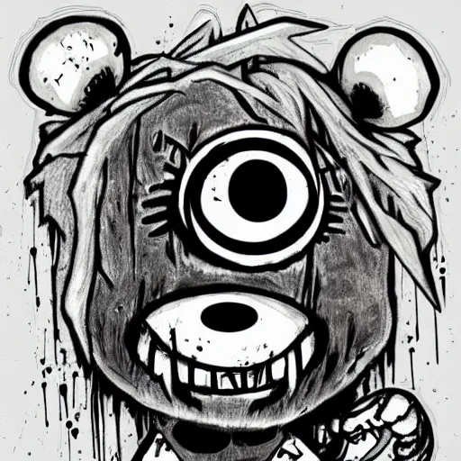 Prompt: grunge drawing of a teddy bear with bloody eyes by - invader zim, loony toons style, horror theme, detailed, elegant, intricate