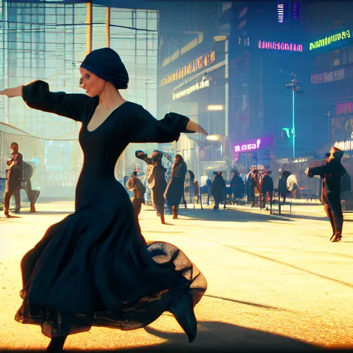 Image similar to Dancing mennonite. Cyberpunk 2077. CP2077. 3840 x 2160