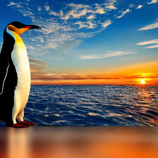 Image similar to big penguin in the middle of the sea, sunset, 4k, sharp, detailed