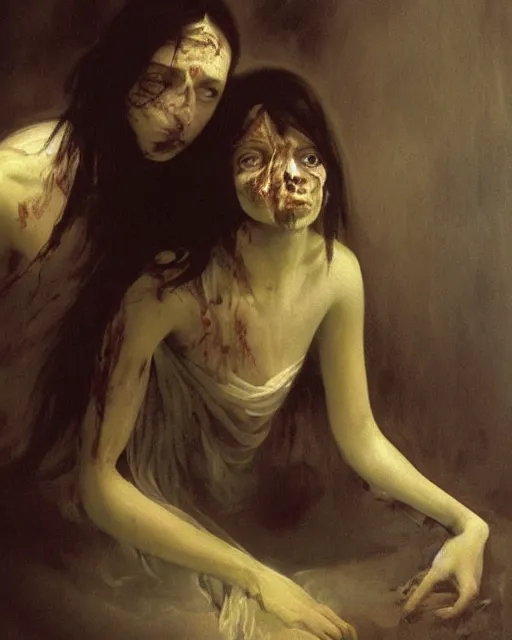 Prompt: a beautiful and eerie baroque painting of two beautiful but creepy siblings in layers of fear, with haunted eyes and dark hair, 1 9 7 0 s, seventies, wallpaper, a little blood, morning light showing injuries, delicate embellishments, painterly, offset printing technique, by brom, robert henri, walter popp