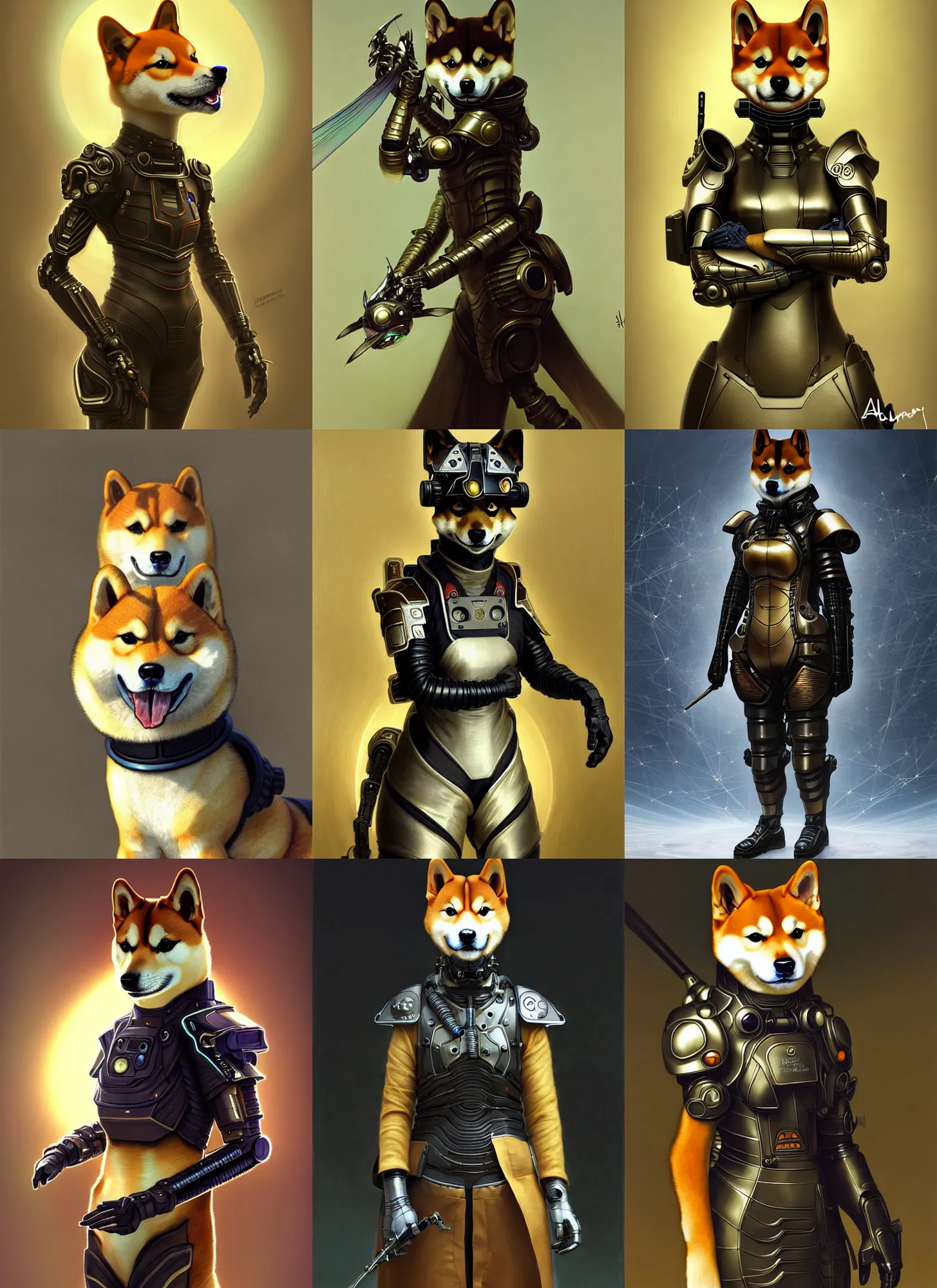 Prompt: a anthropomorphic cyber shiba inu, wearing scifi samourai armor, diffuse lighting, fantasy, intricate, elegant, highly detailed, lifelike, photorealistic, digital painting, artstation, smooth, sharp focus, art by john collier and albert aublet and krenz cushart and artem demura and alphonse mucha