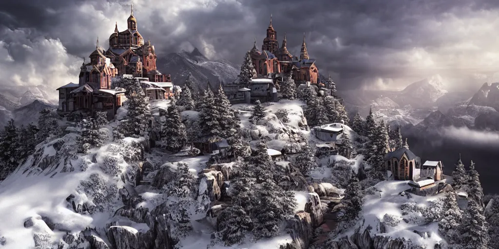 Image similar to A monastery on top of a snowy mountain surrounded by epic clouds by max schiller, cinematic, cinema lighting, ultra realistic, concept art, award winning