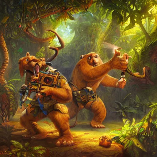 Image similar to laser fight in the jungle, oil painting by justin gerard