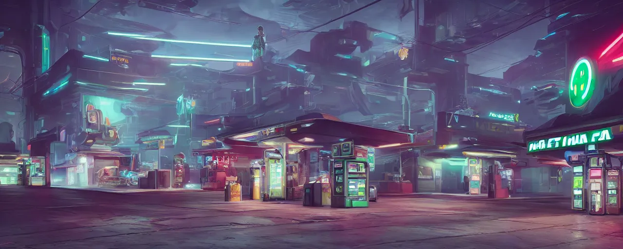 Image similar to boba fett visits a gas station in the night time, vaporwave aesthetic, neon signs, superliminal 8 k uhd, unreal engine, octane render in the artstyle of finnian macmanus, john park and greg rutkowski