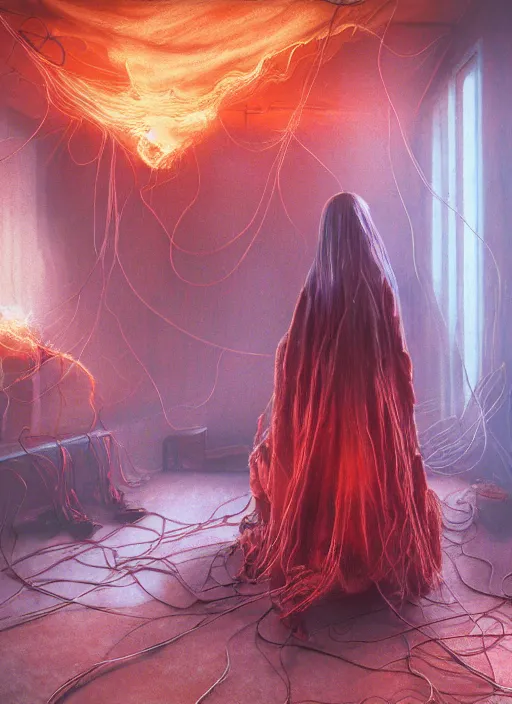 Image similar to rgb, woman, bedroom full of fire, rage, cinematic, movie scene, inspired by zdzislaw beksinski, clothes made out of veins,, cables everywhere, bedroom, ultra realistic, concept art, intricate details, highly detailed, photorealistic, octane render, 8 k