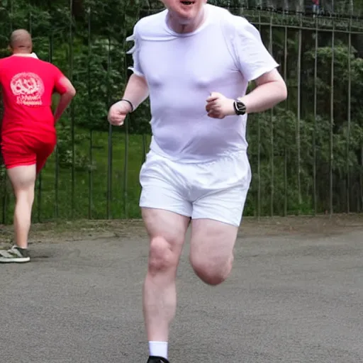 Prompt: Photo of Boris Johnson running, wearing a white t shirt and shorts