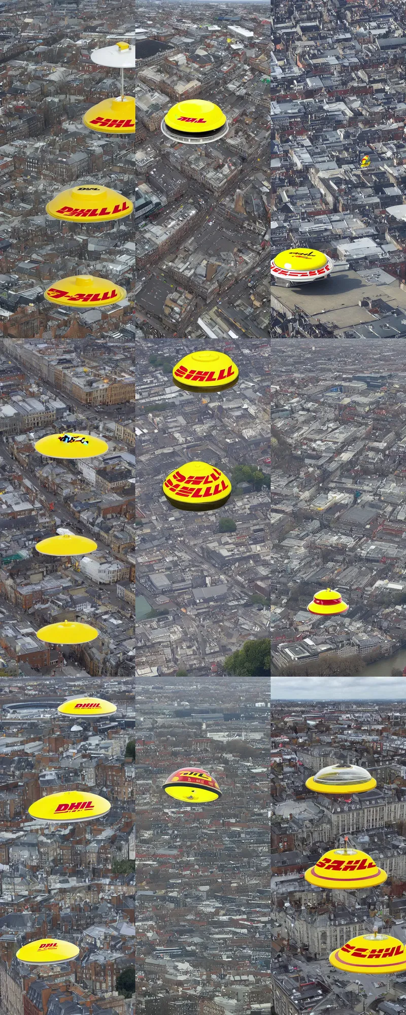 Prompt: single dhl flying saucer spotted in dublin