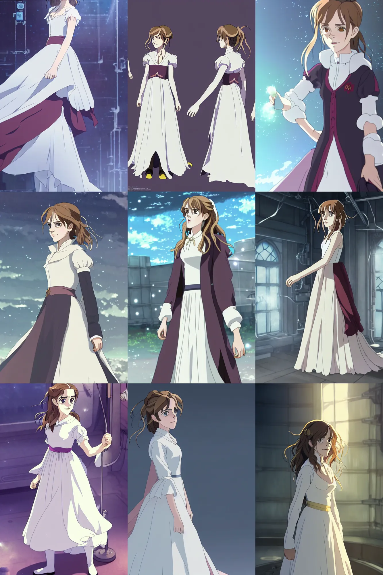 Prompt: emma watson act as hermione in a wedding dress, standing inside a research facility, character art, anime key visual, official media, illustrated by studio ghibli, intricate details, 8 k, trending on artstation, cinematic lighting, beautiful, cosplay