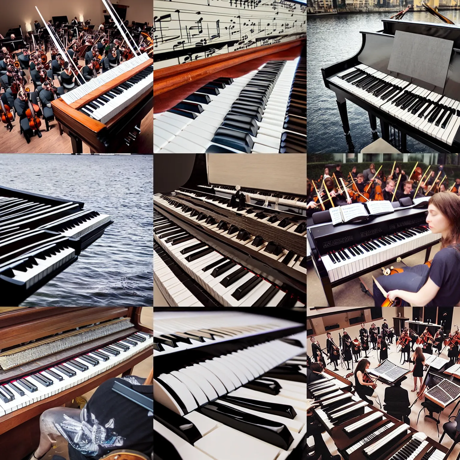 Prompt: an orchestra on floating piano keys