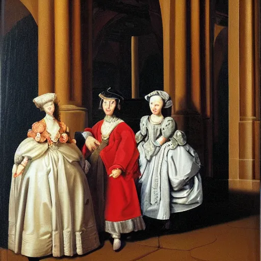 Image similar to oil on canvas painting no frame. two women in a vast castle lobby wearing fine clothes, two men looking at one of her in the distance. dark room with light coming through the right side of the place. baroque style 1 6 5 6. high quality painting, no distortion on subject faces.