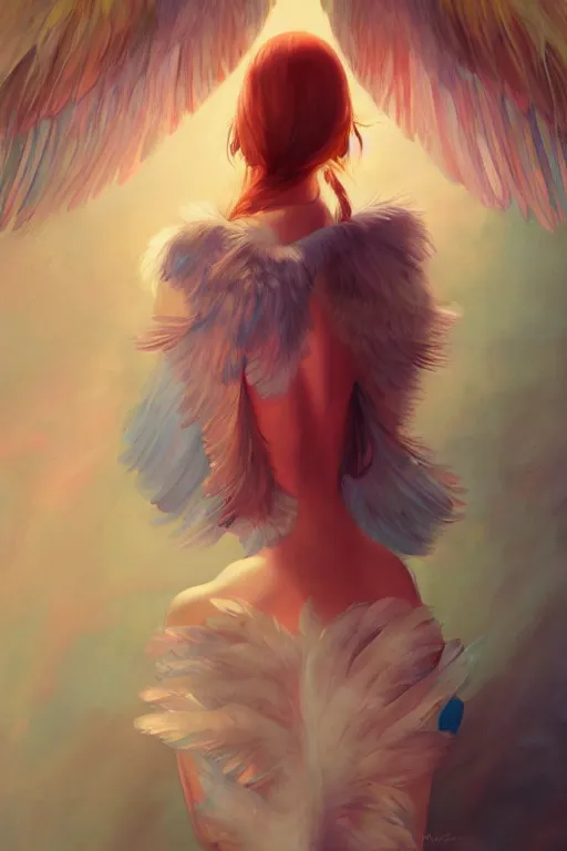 Image similar to a portrait of girl with two wings on her back and feathers. vivid colors, soft lighting, atmospheric, cinematic, moody, in the style of Ilya Kuvshinov and Range Murata, Krenz Cushart, rule of thirds, oil on canvas, 8k