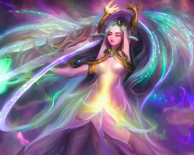 Prompt: champion Splashart of the goddess of fairies filled with sparkeling light and a loving sensation