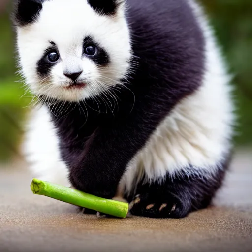 Prompt: cute kitten with panda body and cat face, eats bambus, highly detailed, sharp focus, photo taken by nikon, 4 k