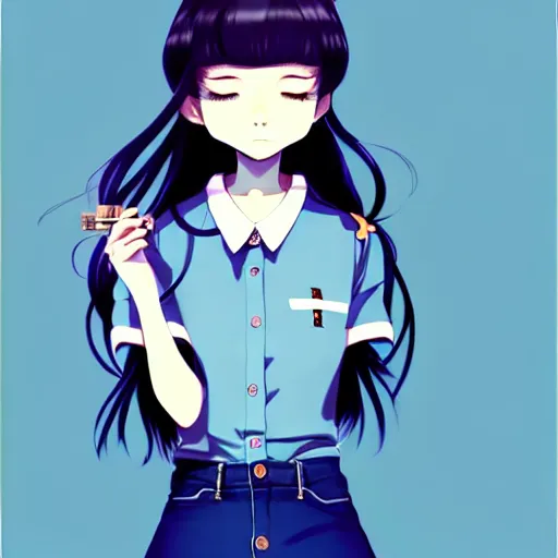 Image similar to urban school girl in shirt fanart, dark blue long hair, muted colors, matte print, pastel colors, ornate, digital art, cute smile, digital painting, fan art, elegant, pixiv, by Ilya Kuvshinov, by Studio Ghibli