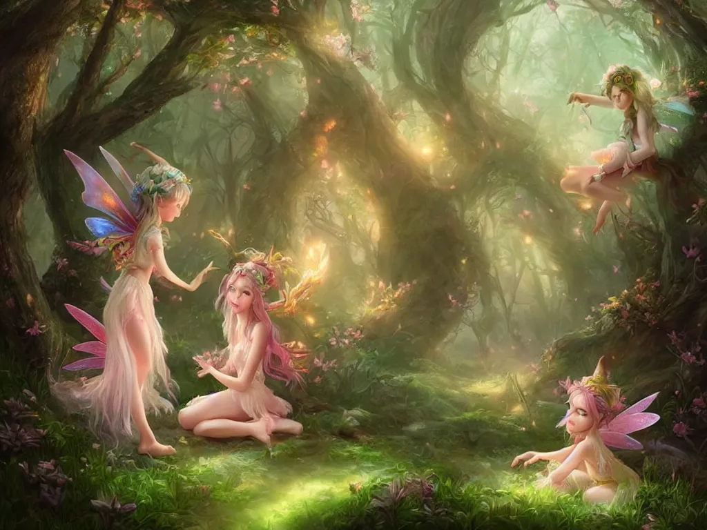 Image similar to two cute fairy in the dreamy forest, fantasy, dreamlike, 8 k resolution, hyper detailed, d & d, character design, digital painting, trending on artstation, sharp focus, illustration, art by artgerm, viktoria gavrilenko, hoang lap, fuji choko, steve zheng