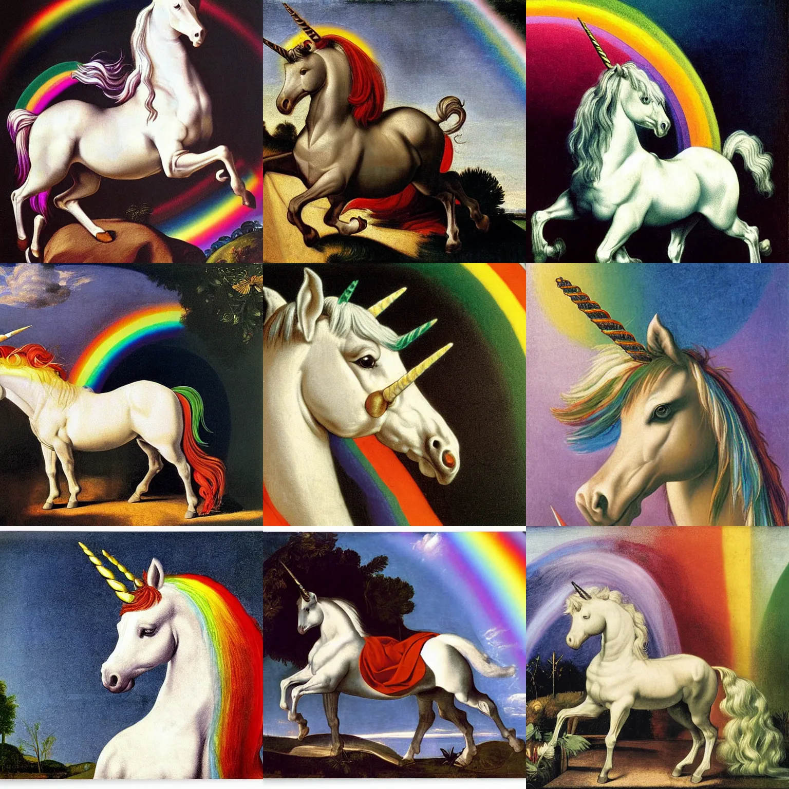 Prompt: a unicorn on a rainbow by caravaggio