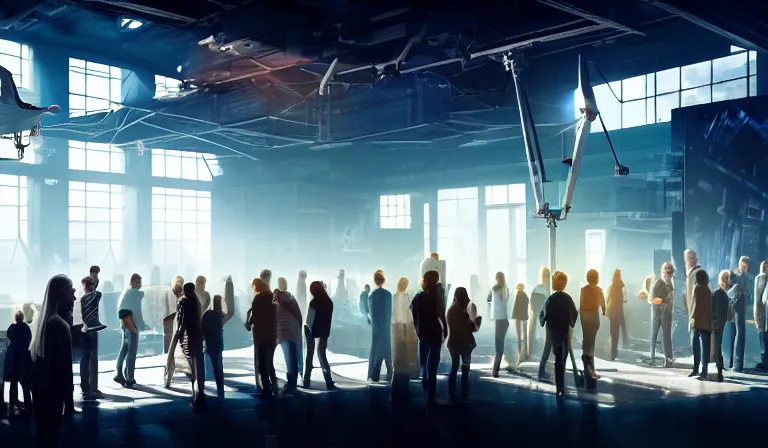 Prompt: group of people in simple warehouse, around a hologram of futuristic city on a table, cinematic concept art, godrays, golden hour, natural sunlight, 4 k, clear details, tabletop model buildings, center model buildings, hologram center, crane shot, crane shot, crane shot