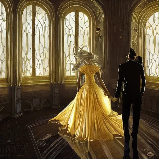 Prompt: hyper realistic golden ballroom, a husband embraces his wife in an elegant sci fi ball gown as she takes her last breath. A shadowy figure is seen running from the hall , art by artery and Greg Rutkowski and alphonse mucha, sci-fi, fantasy, intricate, ornate, very very beautiful, elegant, highly detailed, digital painting, artstation, concept art, smooth, sharp focus, illustration