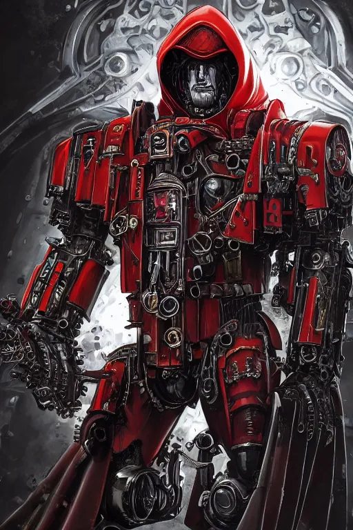 Image similar to portrait of adeptus mechanicus in red hood from Warhammer 40000. Highly detailed, artstation, illustration by Karl Kopinski and Adrian Smith and John Blanche