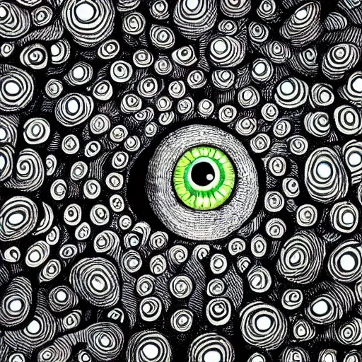 Image similar to hundreds of eyeballs, pen and ink, psychedelic, eerie, surreal, very detailed