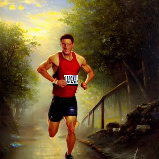 Image similar to portrait of a olympic games champion running, an oil painting by ross tran and thomas kincade