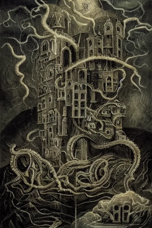 Image similar to lovecraftian, style of Bosch, castle, storm, architecture