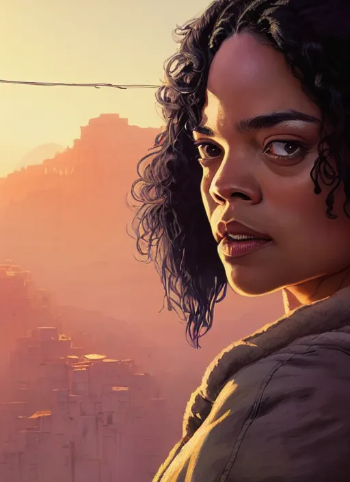 Image similar to highly detailed portrait of tessa thompson, in gta v, stephen bliss, unreal engine, fantasy art by greg rutkowski, loish, rhads, ferdinand knab, makoto shinkai and lois van baarle, ilya kuvshinov, rossdraws, tom bagshaw, alphonse mucha, global illumination, radiant light, detailed and intricate environment