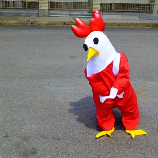 Image similar to chicken wearing inmate suit