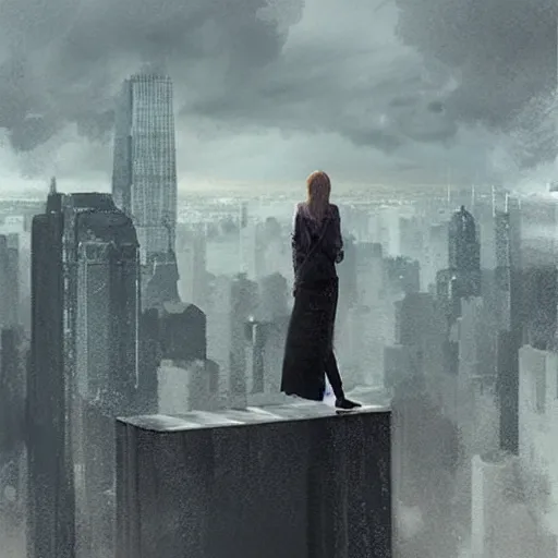 Prompt: “ a girl standing on a ledge looking down at a futuristic new york city below, storm clouds, digital art, hyper - realism, sketch by craig mullins ”