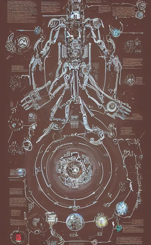 Image similar to anatomy of the terminator, robot, cyborg, t 1 0 0, arc reactor, bloodborne diagrams, mystical, intricate ornamental tower floral flourishes, rule of thirds, technology meets fantasy, map, infographic, concept art, art station, style of wes anderson