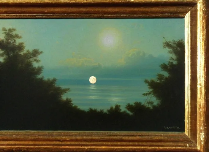 Image similar to the moon's sea of tranquility, earth in the background in the style of hudson river school of art, oil on canvas