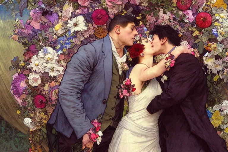 Image similar to the groom kisses the bride at a wedding full of flowers, bright and happy, dreamlike art, highly detail, 4 k realistic, wedding photoy krenz cushart. artem demura. alphonse mucha. yoji shinkawa artgerm. jon lothian. danilo torres. adi meyers. thomas reimann. gaston bussiere.