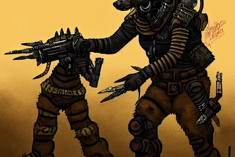 Image similar to a good ol'hyena fursona ( from the furry fandom ), heavily armed and armored facing down armageddon in a dark and gritty version from the makers of mad max : fury road. witness me.