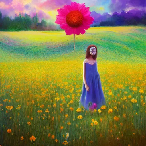 Image similar to girl with a flower face, surreal photography, dream, standing in flower field, magical, in a valley, sunrise dramatic light, impressionist painting, colorful clouds, artstation, simon stalenhag, flower as face