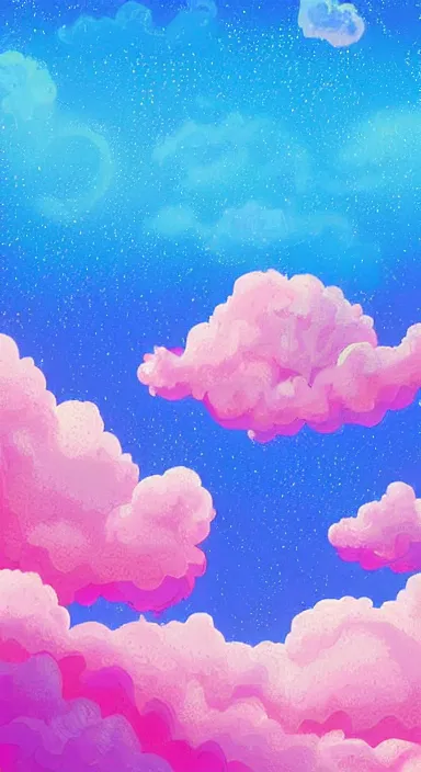 Prompt: pink clouds, under blue clouds, in space, background artwork, digital art, award winning, pixel art