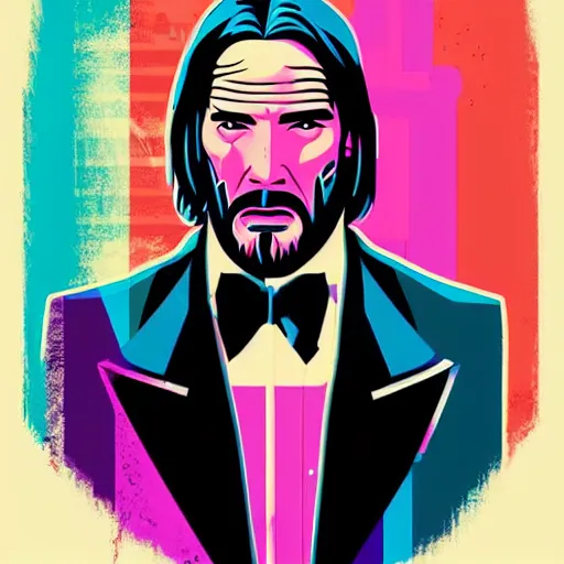 Image similar to individual john wick portrait retro futurist illustration art by butcher billy, sticker, colorful, illustration, highly detailed, simple, smooth and clean vector curves, no jagged lines, vector art, smooth andy warhol style