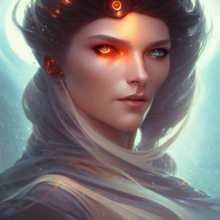 Image similar to futuristic woman portrait, sci-fi, amber eyes, face, long hair, fantasy, intricate, elegant, highly detailed, digital painting, artstation, concept art, smooth, sharp focus, illustration, art by artgerm and greg rutkowski and alphonse mucha