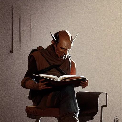 Prompt: mordin solus on chair reads book, light stubble, digital art, photorealistoc, art by greg rutkowski, hyperdetailed, western comic style, comic, comic style, sharp lineart, professional lighting, deviantart, artstation, trevor henderson, rossdtaws, cinematic, dramatic